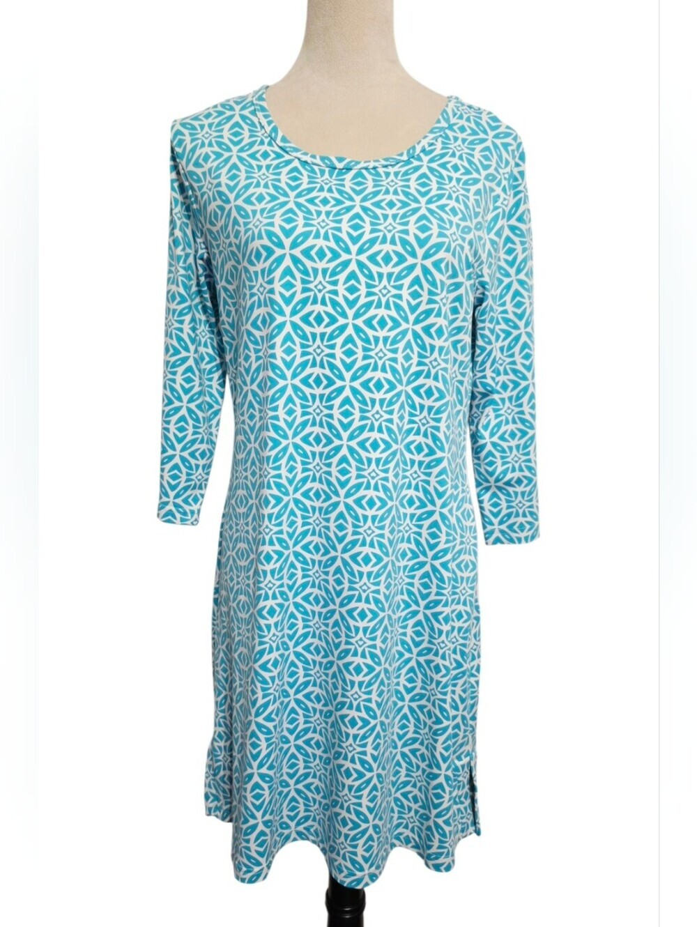 Lulu-B Colorful Clothing Dress M Turquoise White Geometric 3/4 Sleeve SPF 50 - Picture 3 of 14